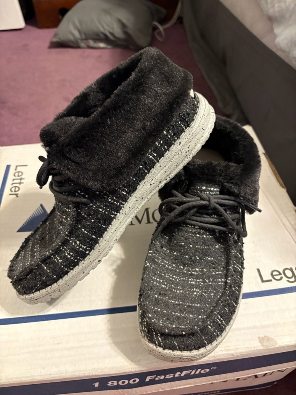 Hey Dude Black Knit Faux-Fur Cuff Slip-On Loafers